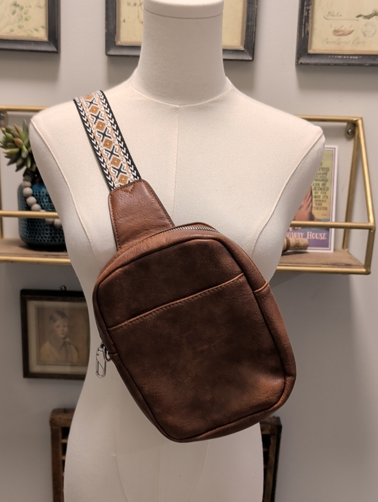 Handbags - Brown Faux Leather Crossbody Bag with Patterned Adjustable Strap